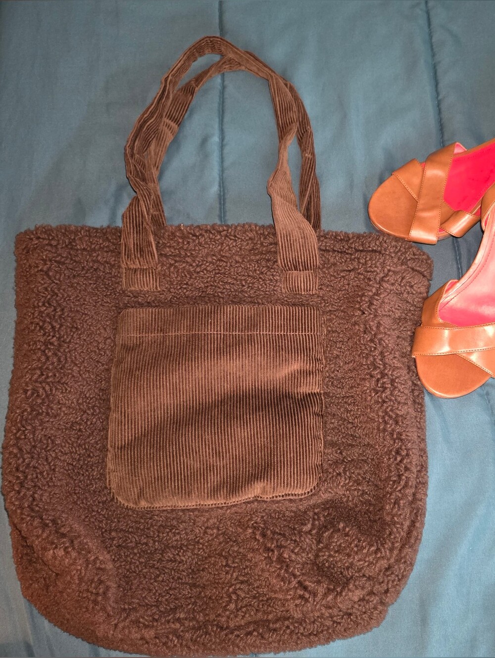 American Eagle Brown Sherpa Tote Bag & Wedges Combo